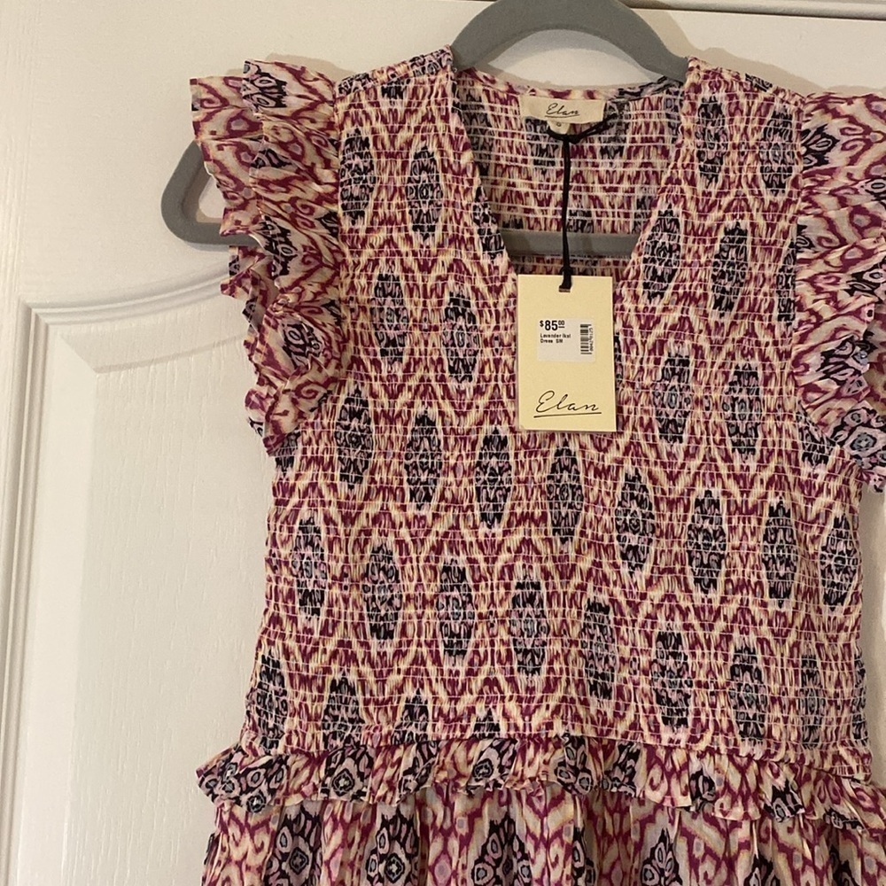 NWT Elan | Ikat Print Ruffle Sleeve Dress 100% Cotton | Lavender |  Small - Picture 2 of 7